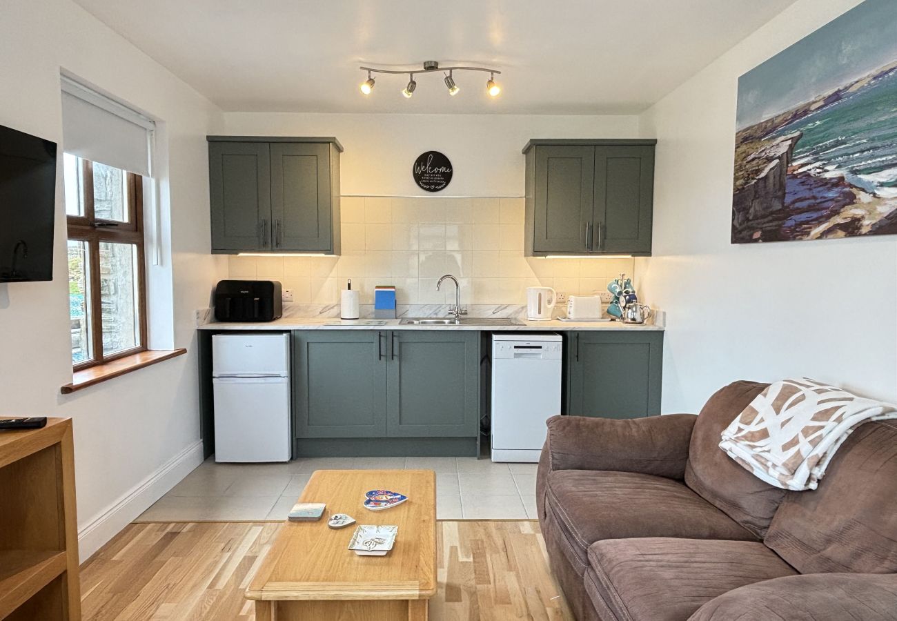 Clifden Holiday Apartment. Compact modern kitchen, open plan comfortable seating. Bright contemporary.